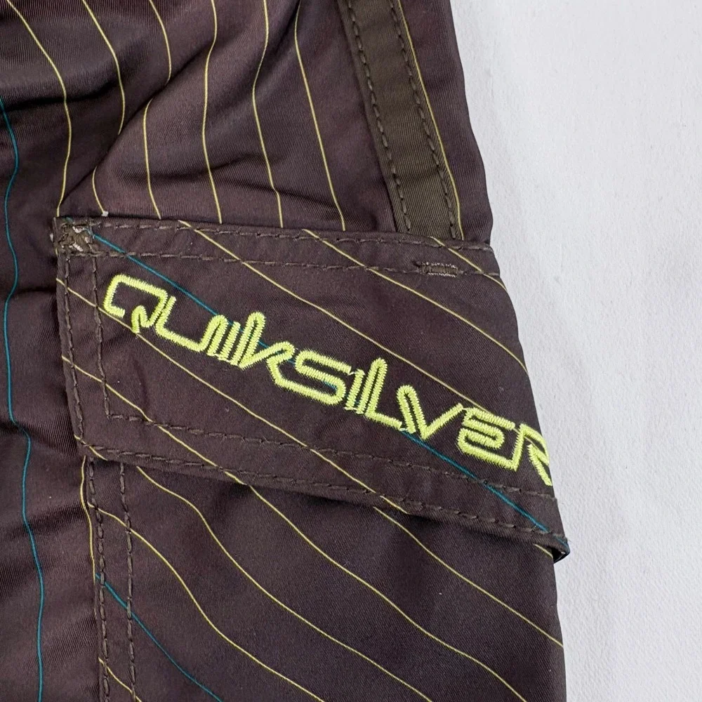 Quiksilver Board Shorts Brown Pinstripe Cargo Pocket Mens Swim Trunks 31